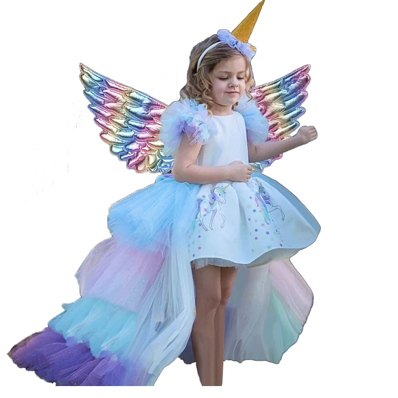

Christmas Girls Unicorn Dress with Long Tail Wings Hairband Baby Girl Princess Birthday Party Ball Gown Kids Horse Clothes