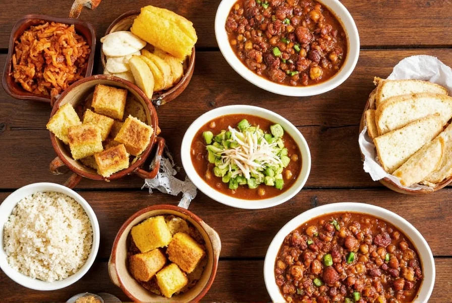 Variety of chili side dishes including cornbread, rice, coleslaw, and avocado arranged on a wooden table