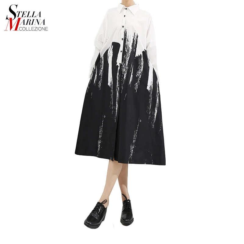 

2019 Women Summer Painting Style Loose White Shirt Dress Long Sleeve Print Female Plus Size Party Club Midi Casual Dresses