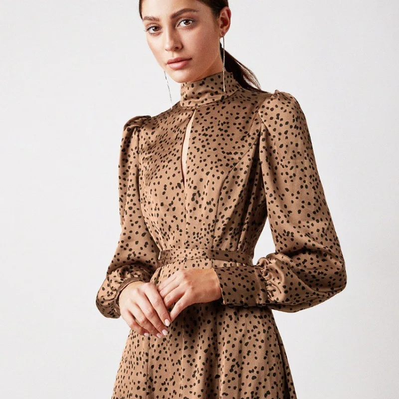

Sexy Plus Size Premium Fashion Polka Dot Dress Vintage Lantern Sleeve Satin Dress Turtleneck Cut Out A-Line Women Casual Dresses, Shown