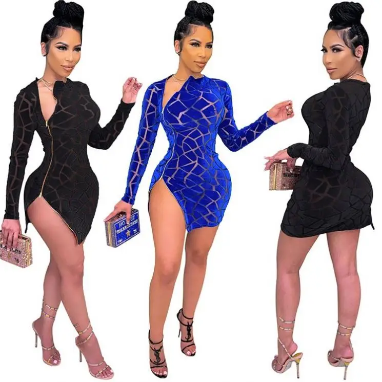 

HEBE New Arrival Fashion 2021 Elegant Womens Dresses Long Sleeve Zippers Evening Cocktail Dresses