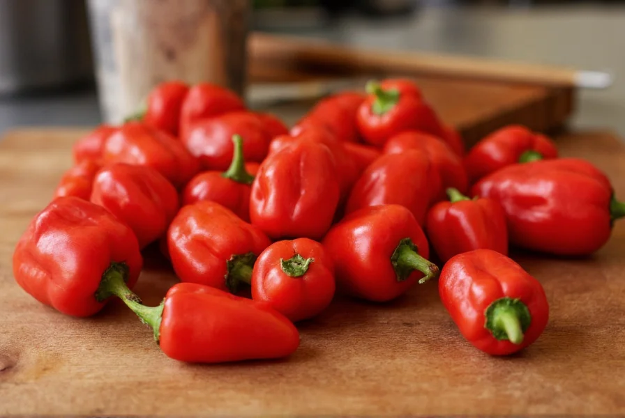 Close-up photograph of vibrant red scotch bonnet peppers on a wooden cutting board with cooking utensils