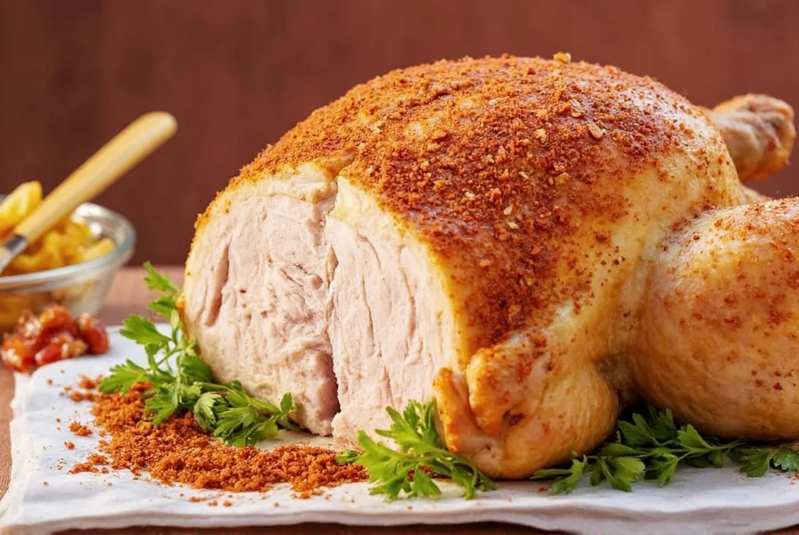 Roast chicken seasoning rub on a wooden spoon