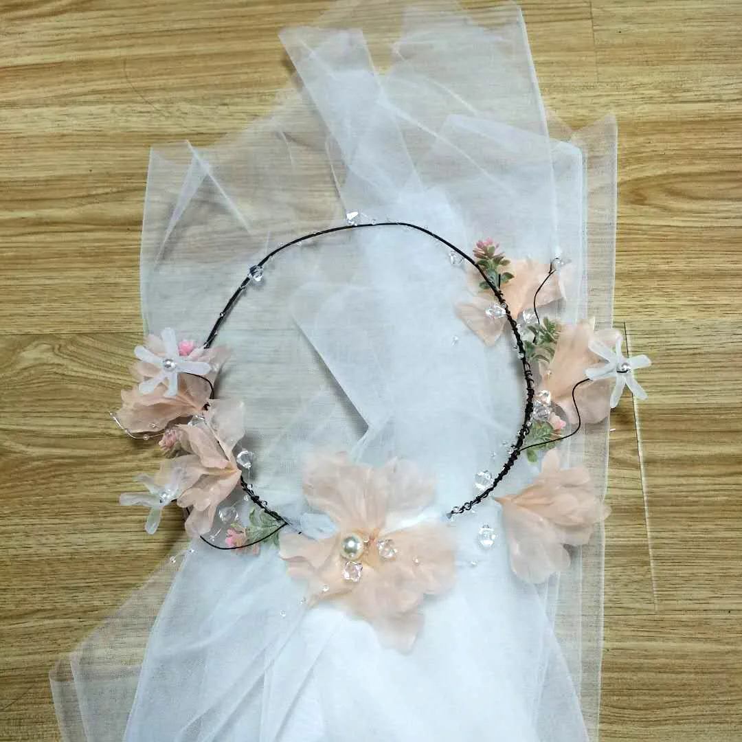 

Wholesale floral headband bride veil flower girl crown wedding long veil, White