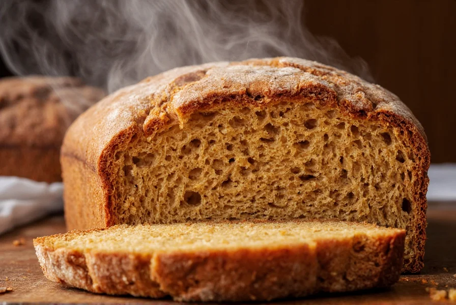 Close-up of traditional ginger bread loaf with steam rising, showing moist crumb structure and golden brown crust