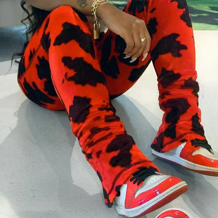 

Leopard Print Zipper Front High Waist Pencil Sweatpants Women Trousers Stacked Pants, Brown / blue / red / white