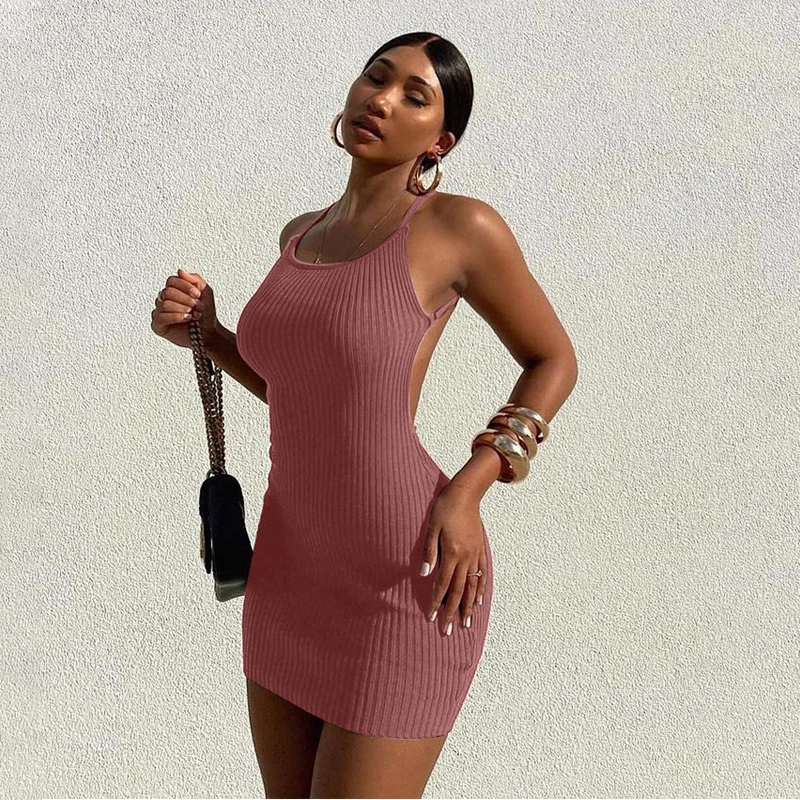 

summer's new women solid ribbed mini dress sexy backless bodycon dress women casual dresses