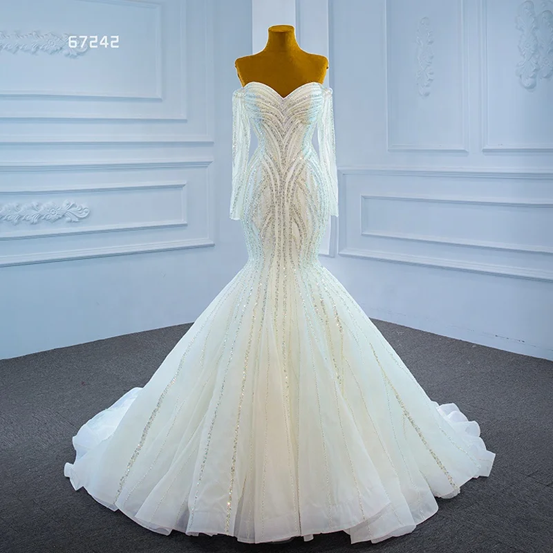 

Jancember RSM67242 Luxurious Mermaid Long Sleeve Wedding Dresses Bridal Gowns, White