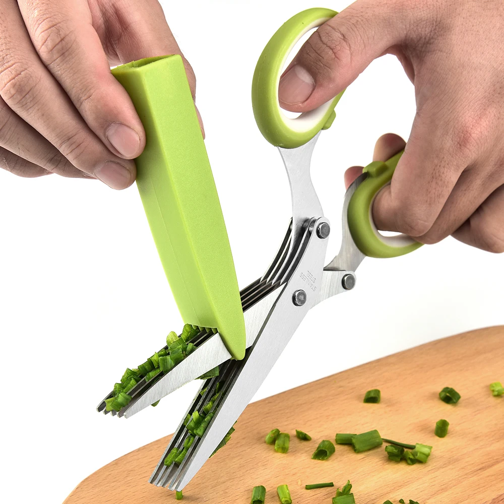 

Multi-Function Kitchen Stainless Steel 5 Blade Herb Scissors kitchen gadget herb scissors with 5 blades and cover