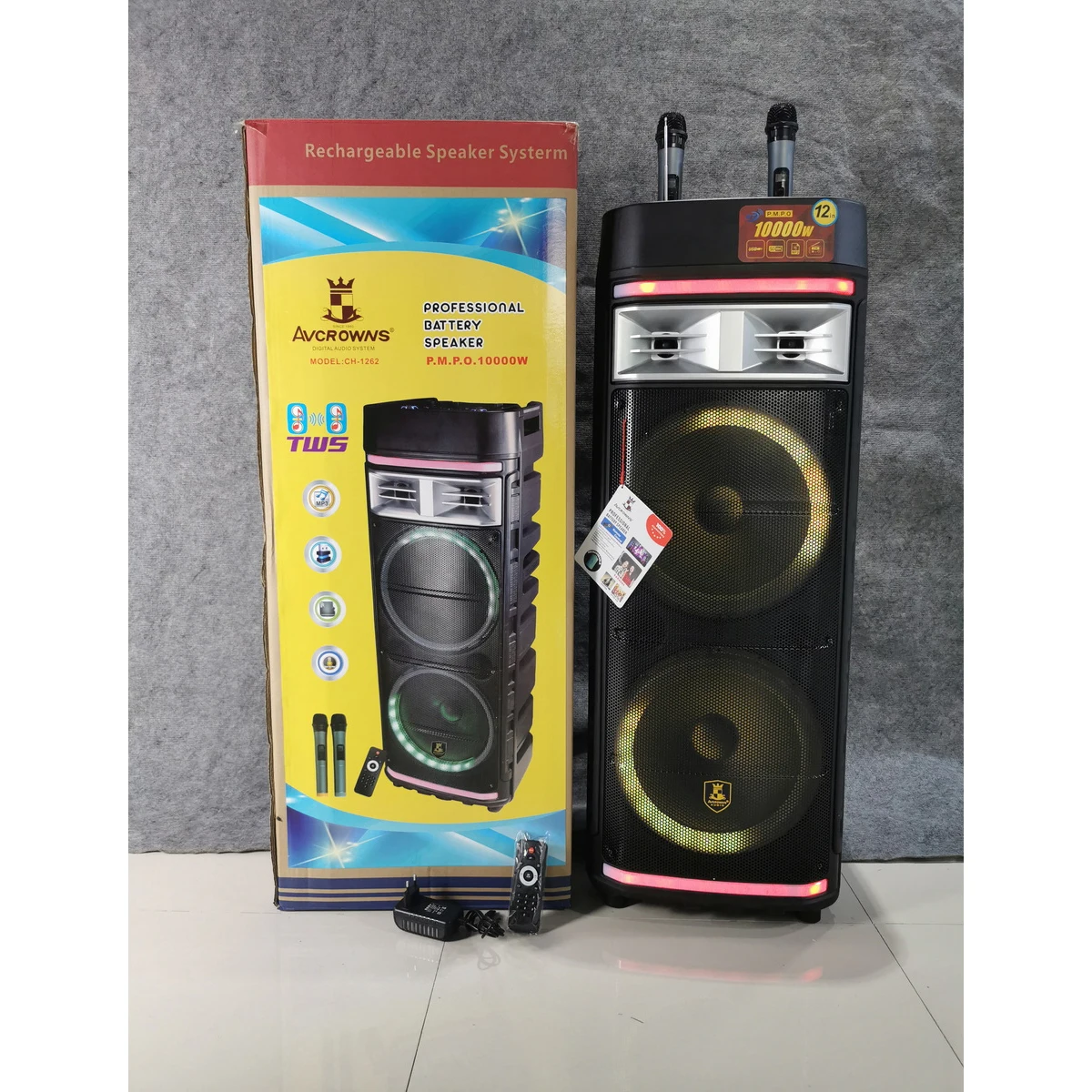 

CH-1262 Factory Wholesale BT Speaker KIMISO Dual 12 Inch Horn Speaker Big TWS Stereo Speaker With Double Wireless Microphone, Black