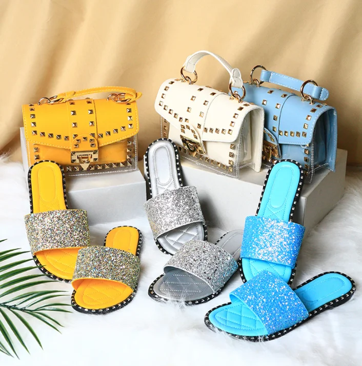 

2021 Fashion Sandals And Jelly Wallet Set Studded Wallet And Slippers Combination Ladies Designer Bag, 3colors