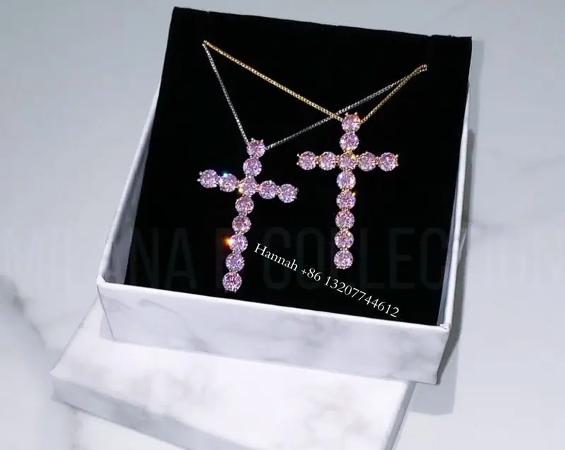 

2022 Best selling iced out jewelry 925 sterling silver plated cubic zirconia diamond pink cross pendant necklace