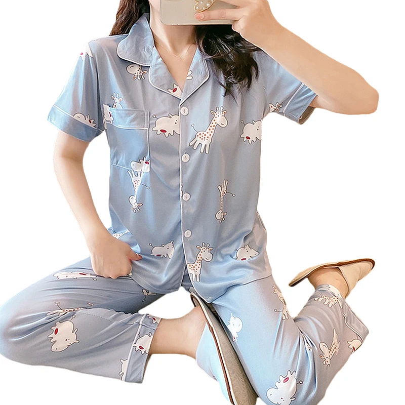 

Women Print Two Piece Set Short Sleeve Top Elastic Waist Pants Female Pajamas Wild Homewear, Picture shows