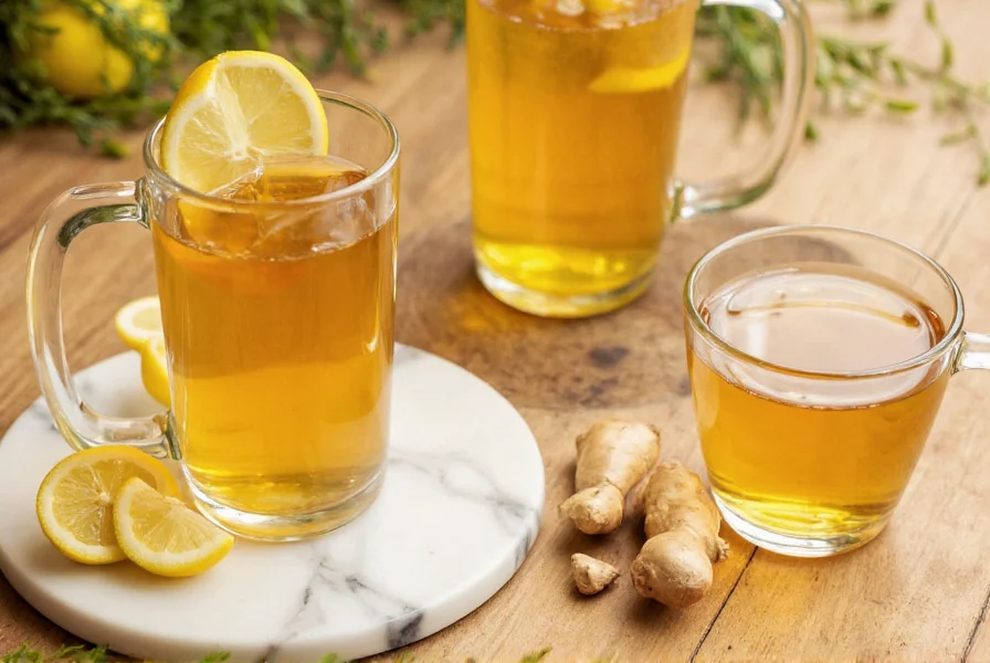 Close-up of hands holding mug of golden ginger tea with visible lemon slices and honey swirl