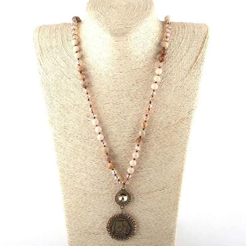 

Tribal Jewelry Women Magnetic Natural Stone Necklace Knotted Chain Crystal Links Round Buffalo Pendant Necklace, 2 design