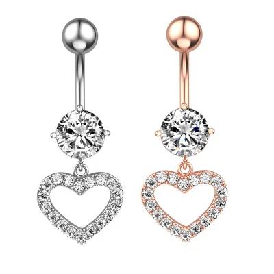 

Hot Selling Geometric Round Zircon Pendant Navel Piercing Ring Body Jewelry Hollow Love Heart Belly Button Ring For Women