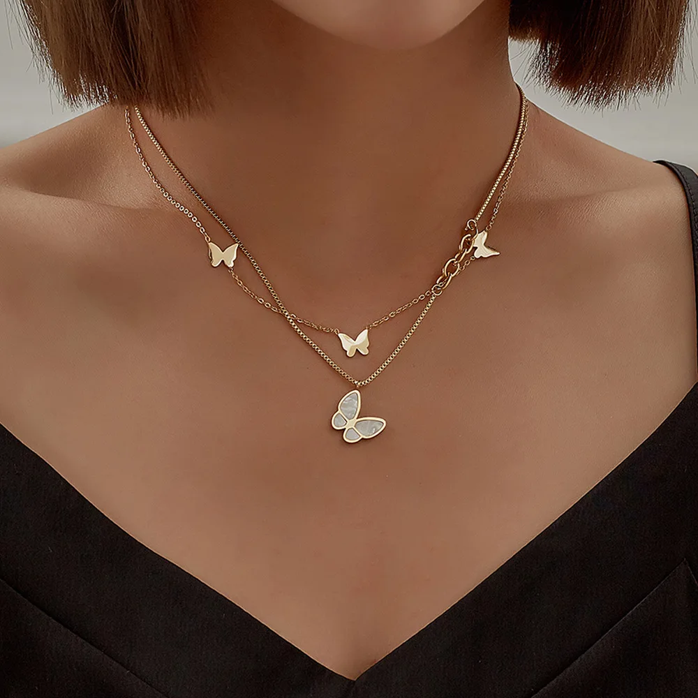 

Fashion Luxury Stainless Steel Necklace Simple Shell Butterfly Necklace for Women Chic Pendant Choker Layered Necklace Jewelry, Gold color