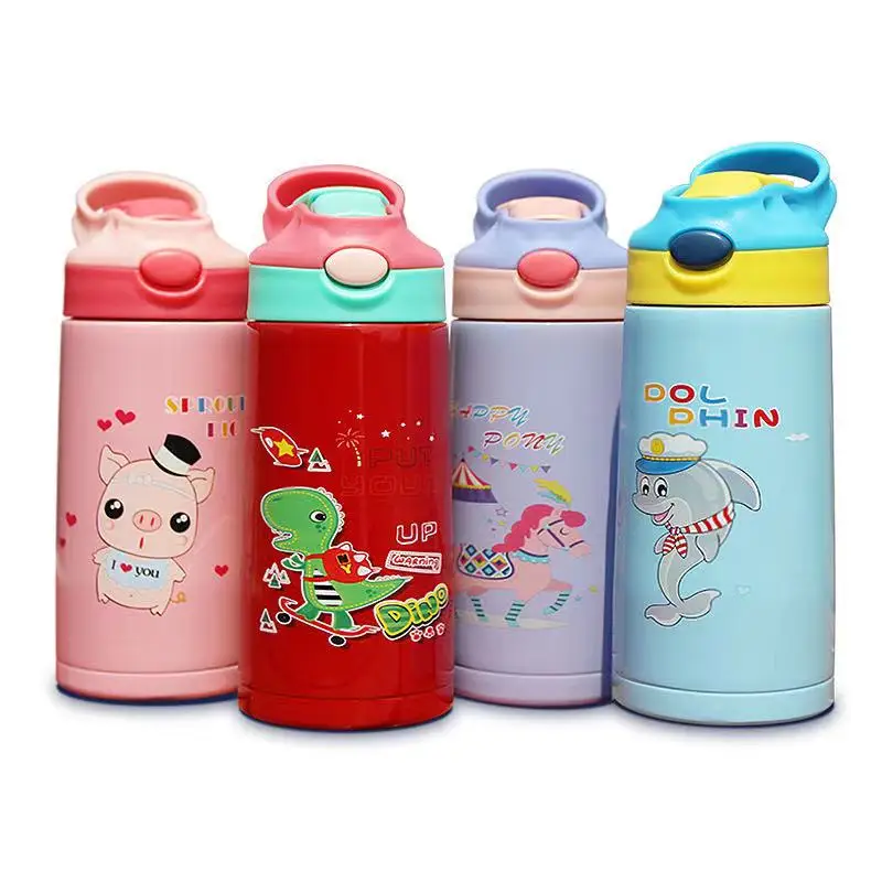

New Design Vacuum Cup Kids Insulated Water Bottle Sprin Lid Stainless Steel Thermos Cartoon with straw Wholesale Bpa Fre