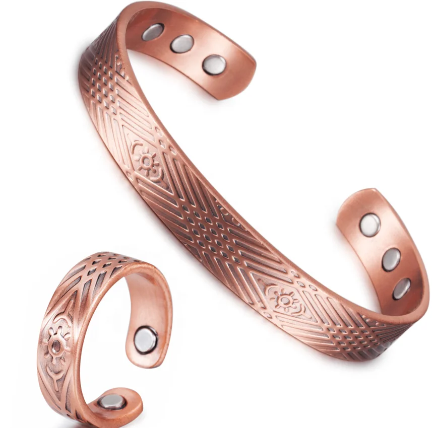 

High quality 99.9% pure red copper magnetic bangles with copper magnetic rings set copper jewelry set, Copper color don't fade