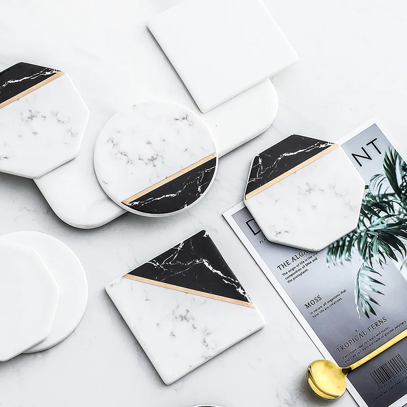 

Gold Edge Wood and Marble Coasters Creative Ceramic Coaster Cork Mat Insulation Anti-slip Tea Coaster, Picture