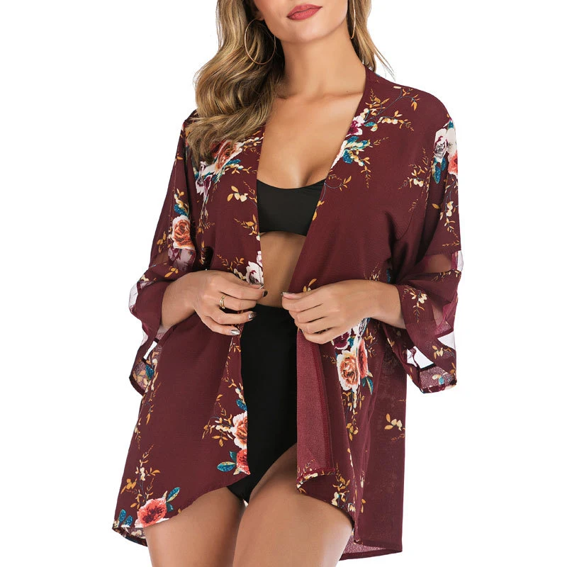 

Beach Wear Cover Mesh Sleeve Open Front Woman Floral Swimsuit Cover Up, White,black,blue,orange,khaki,gray,light blue,aquamarine,wine