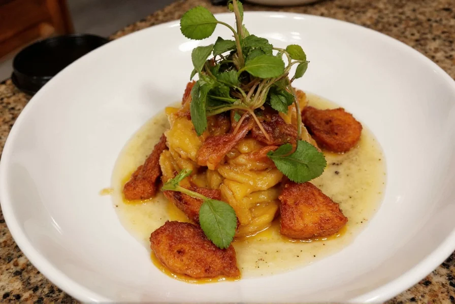 Chef preparing coriander-based dish in restaurant kitchen