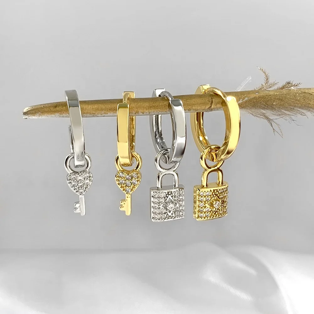 

Fashion custom vintage cubic zirconia key lock drop gold plated statement hoop earrings women 2021 trendy jewelry, Gold silver