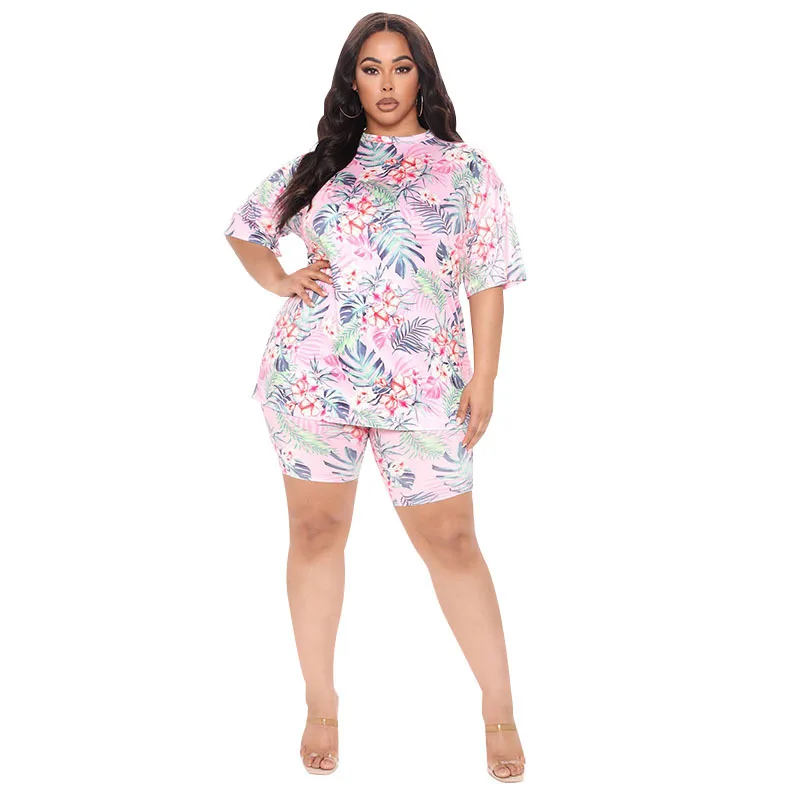 

Dropshipping Manufacturers Price 2021 Summer Flower Print Plus Size Casual Clothing Plus Size Summer Sets