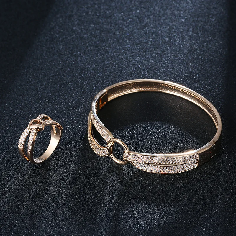 

Fashion hot sale high grade flower bracelet ring set copper inlaid zircon jewelry wedding couple accessories, Picture shows