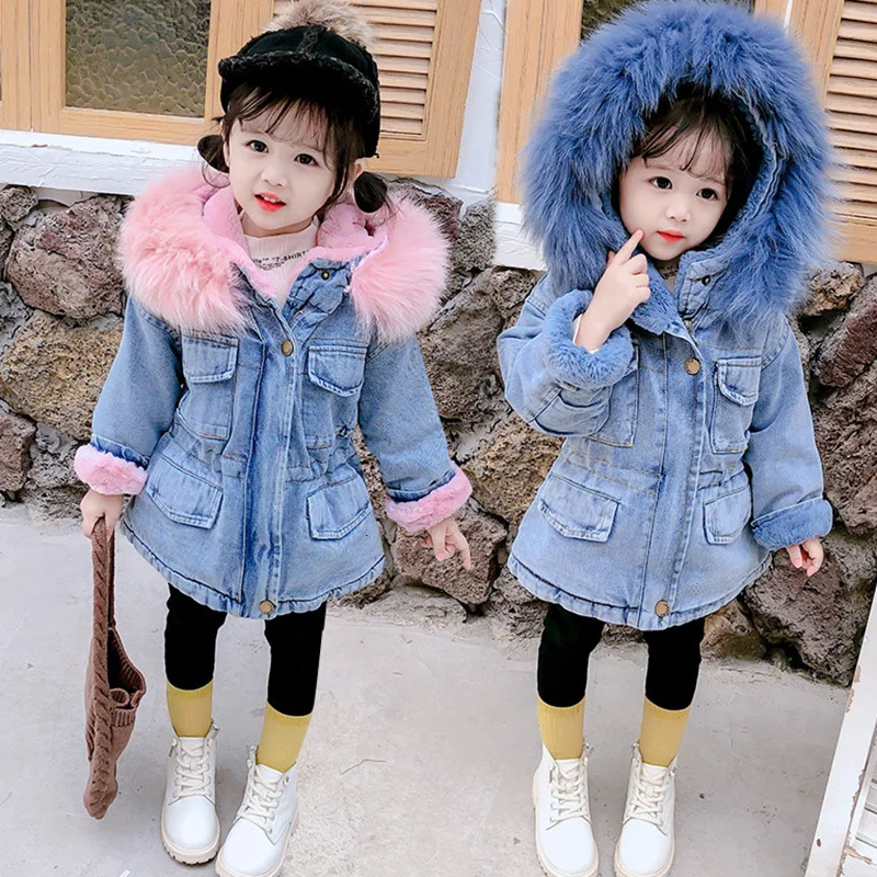 

Girls Coat Winter New Denim Hooded Jacket Plush Coat Fur Collar Plus Velvet Thick Jacket Fur Hooded Warm Children's Denim Jacket