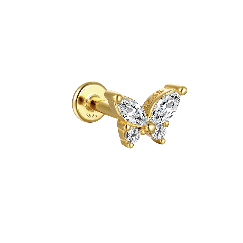 

Ins Trendy 18K Gold Butterfly Flat Piercing Diamonds 925 Sterling Silver Earrings