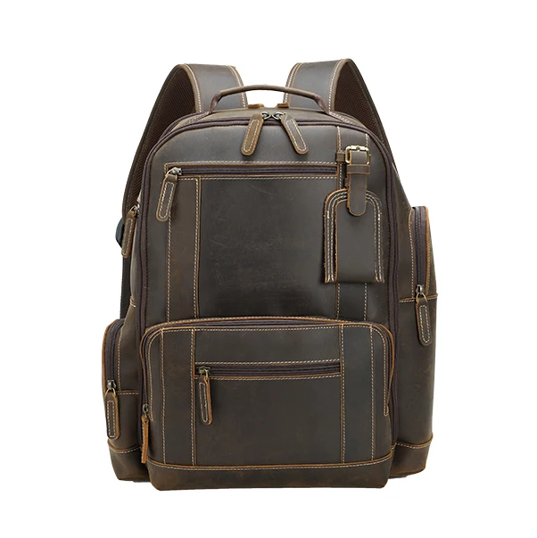 

Custom Dark Brown Full Grain Crazy Horse Genuine Leather Cow Backpack Bag Men Vintage 15.6 inches Laptop Backpack