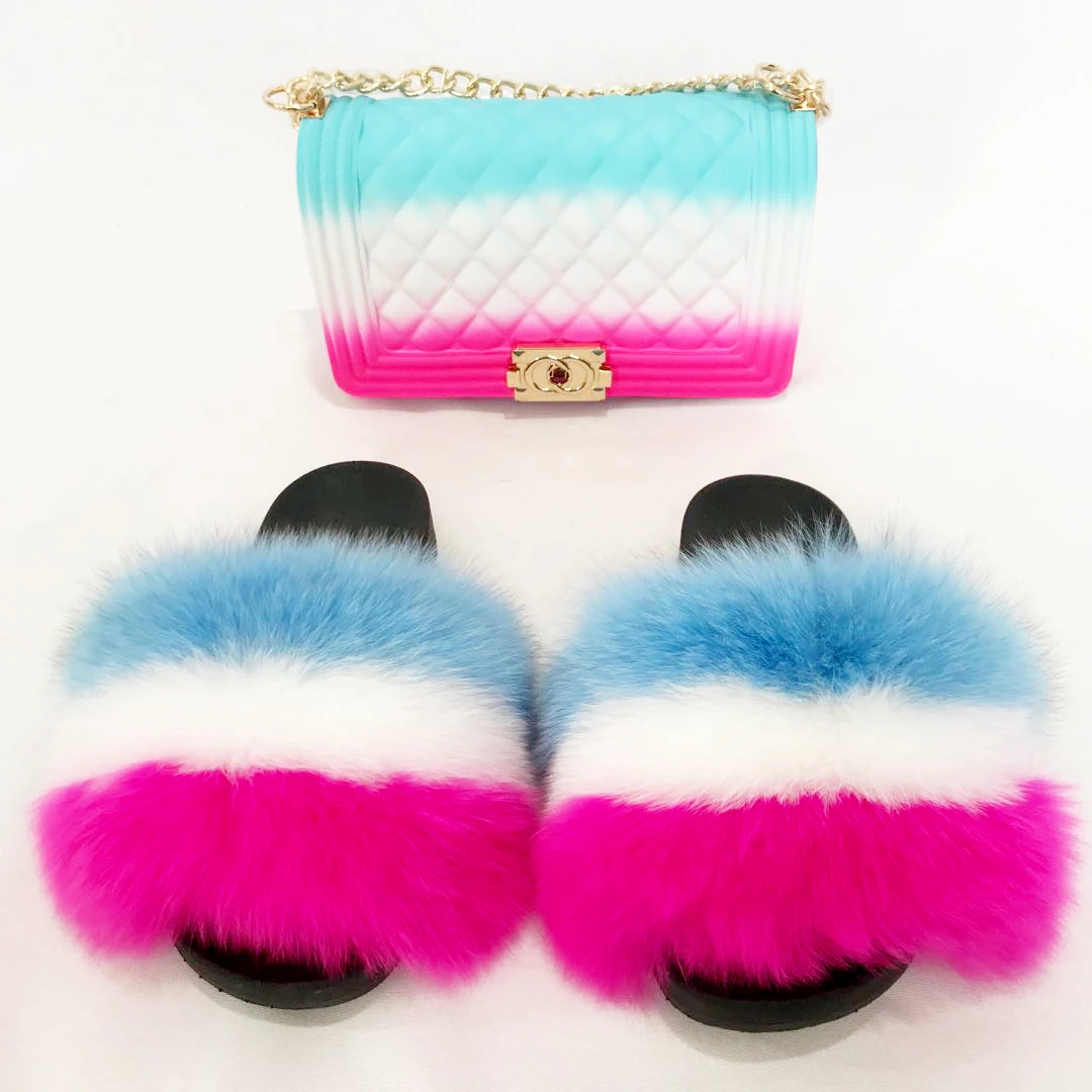 

2020 new arrivals jelly handbags transparent/pvc colorful purse and matching fur slides