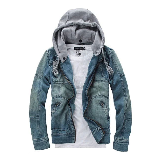 

New 2021 Winter Clothing Hooded Denim Crop Pea Cwaist Coat Mezclilla Chaqueta Vaquera Letterman Boy's Denim Men Jean Jackets