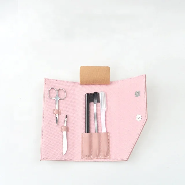 

Professional 5pcs Eyebrow Shaping Tool Eyebrow Trimming Brush Razor Tweezers Set with Pouch, Pink