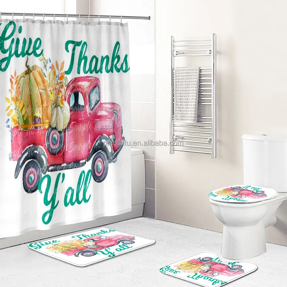 

Waterproof Shower Curtain Truck Flag Poppies Flower shower curtain with Non slip bathroom mat and toilet cover, Custom-made