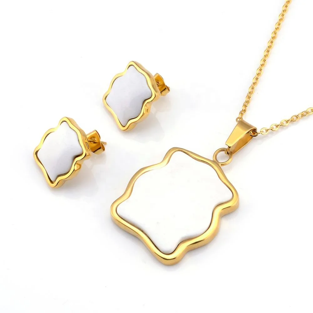 

SET118 Stainless steel gold color jewelry sets with white nature cobblestone necklace and earring sets, 18 k yellow gold plated