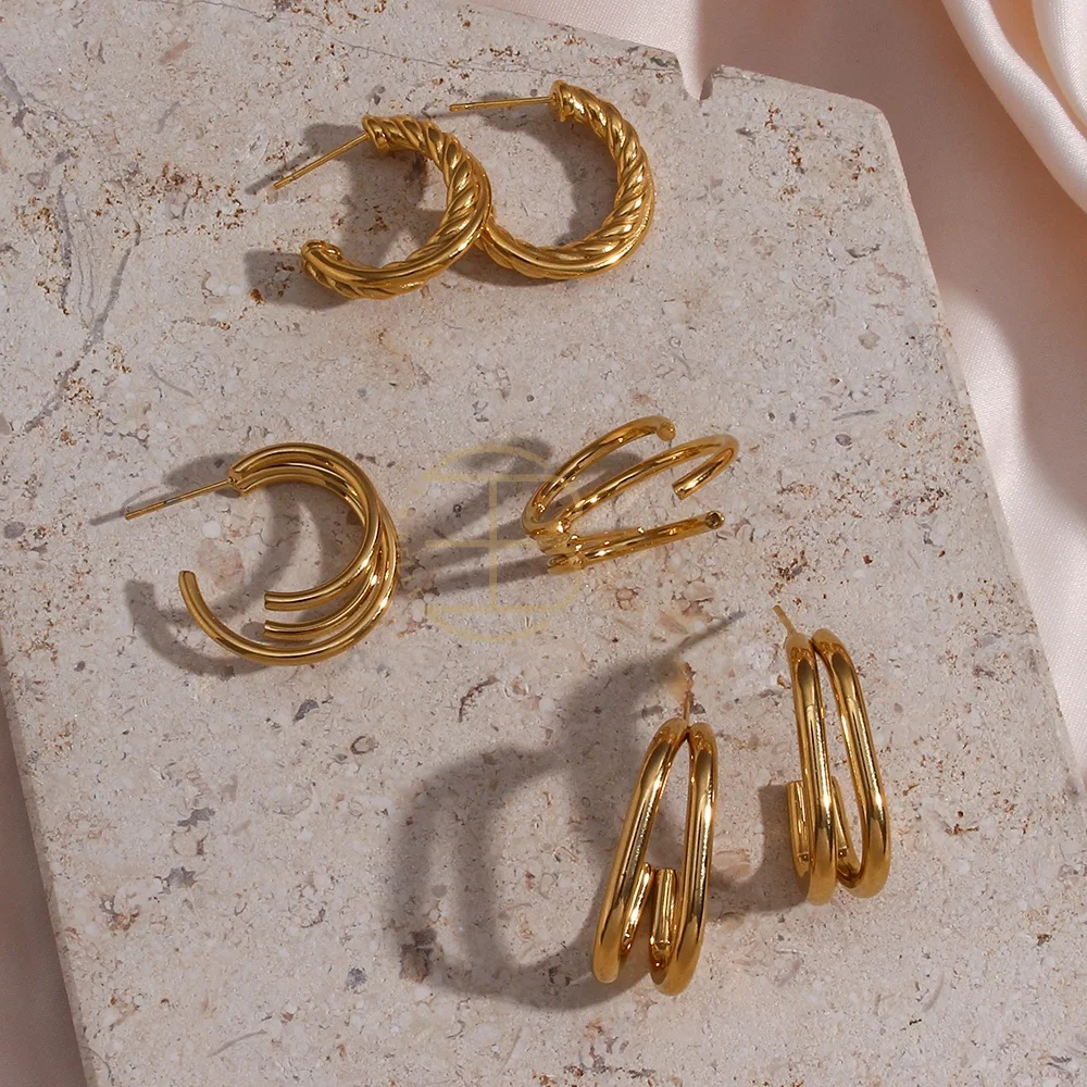 

Female Daily Jewelry Tarnish Free U shape Geometric Stainless Steel 18K Gold Plated CC Hoop Earrings