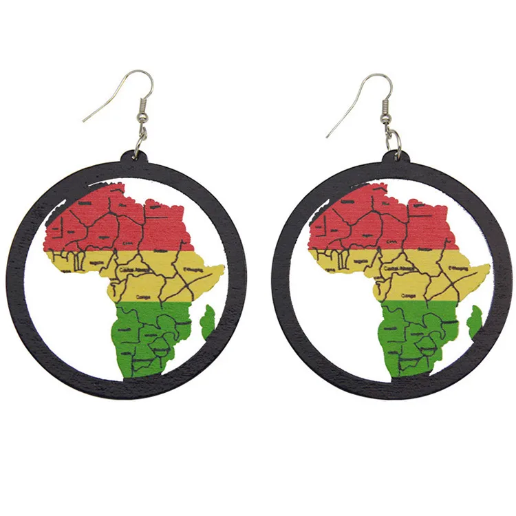 

Wholesale Colorful Print Drop African Hoop Earrings Map Painted Wood Earrings, Picture