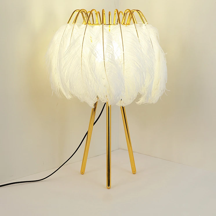 Hot selling  white feather  living room lighting  led desk light reading lampara de mesa bedside table lamp