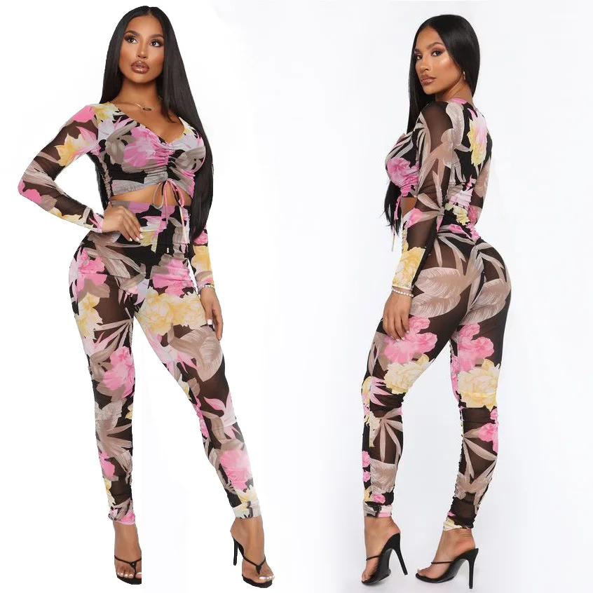 

WW-1392 Sexy Draw String Printed Long-sleeved Pants V-neck Midriff Lace-up Two-piece Outfit Trendy Sets Women Clothing Casual, Customized color