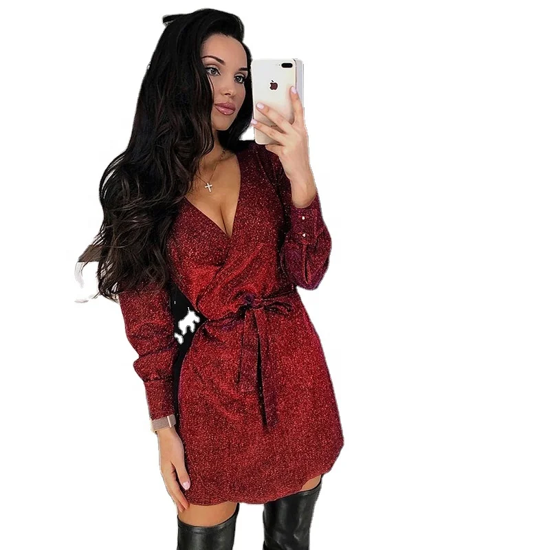 

2021 Autumn Bodycon Elegant Night Party Sequin Deep V Collar Dress For Women, Picture color