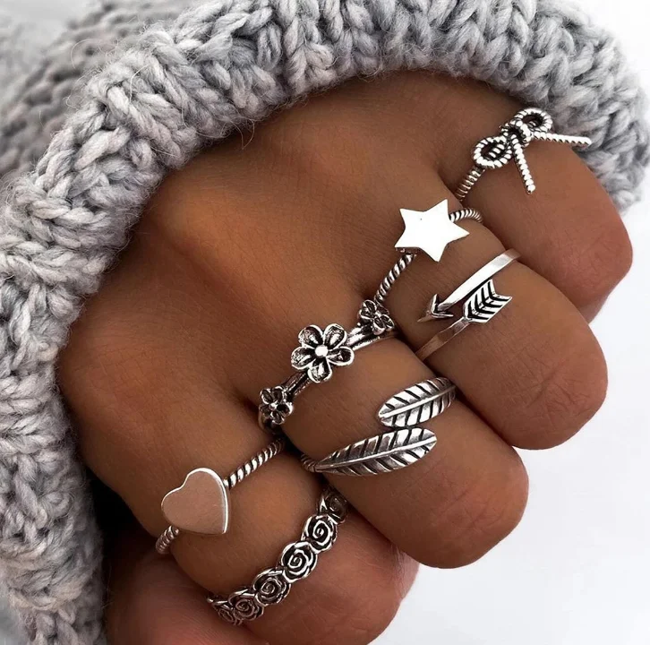 

New American Bohemia Retro Geometric Carved Crystal Floral Heart star butterfly Starry Knuckle Rings Set For Girls