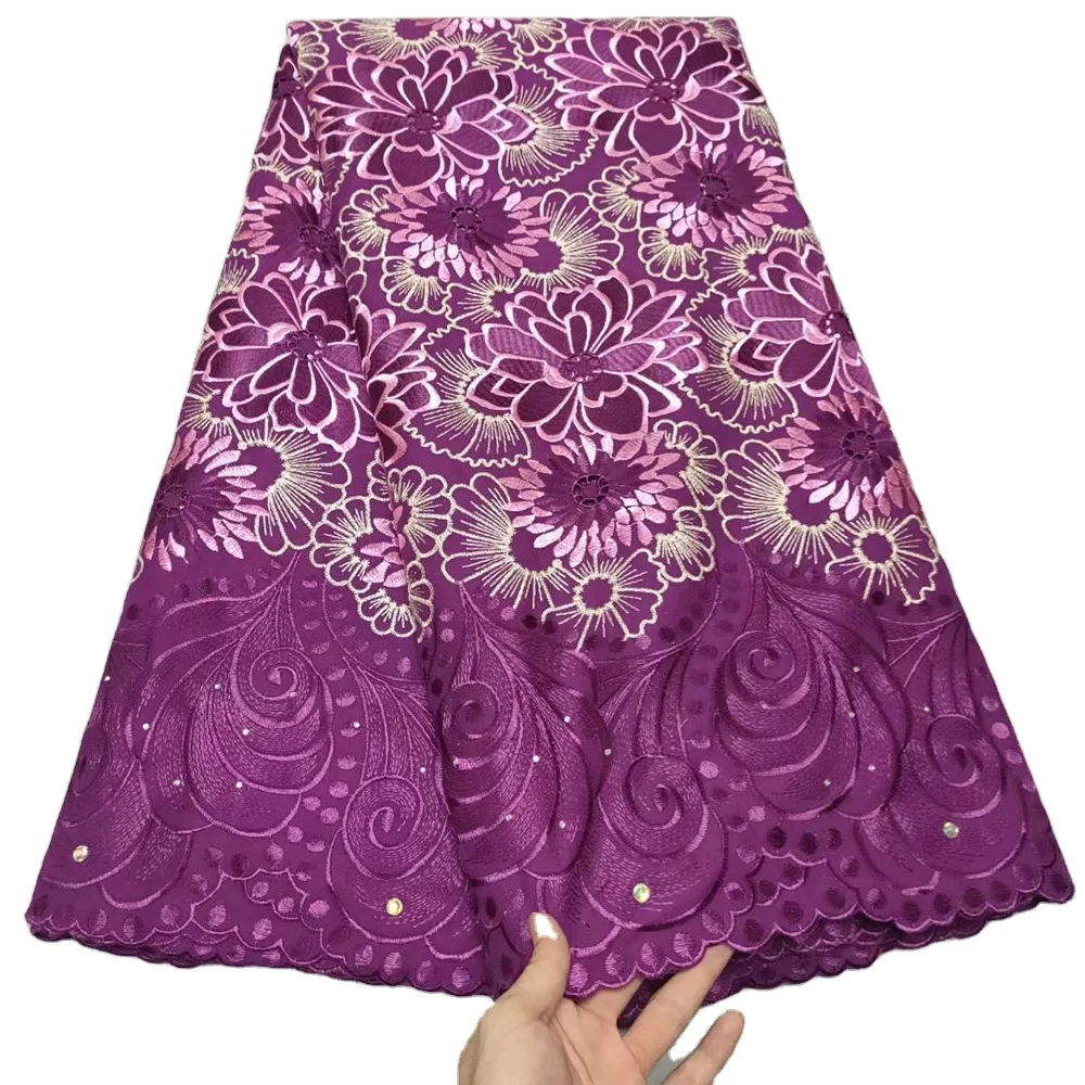 

Hot Sell Nice Soft Embroidery Women Wedding Party Cotton Lace Dress Beautiful High Quality Swiss Cotton Lace With Stones