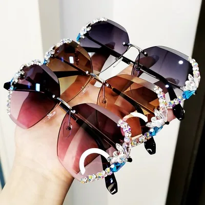 

Luxury Brand Designer Round Rhinestone Rimless Sunglasses Women High Quality Colorful Diamond Oversized Sun Glasses