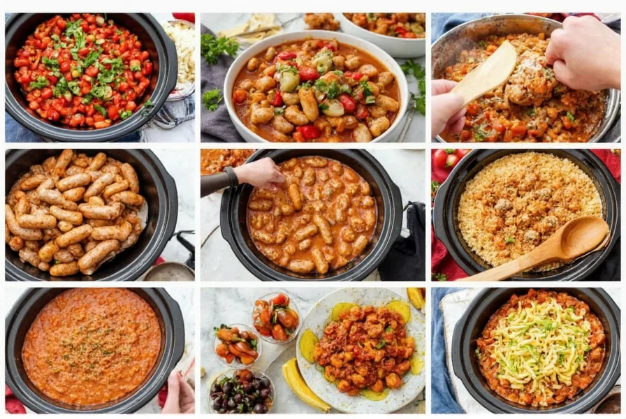 Variety of sausage and pepper crock pot variations with different ingredients and serving styles