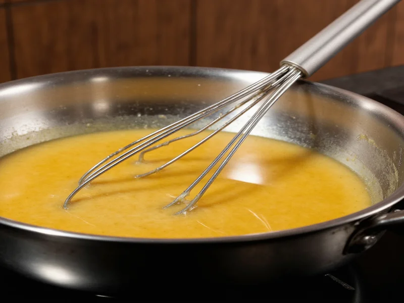 Whisking gravy in stainless steel pan
