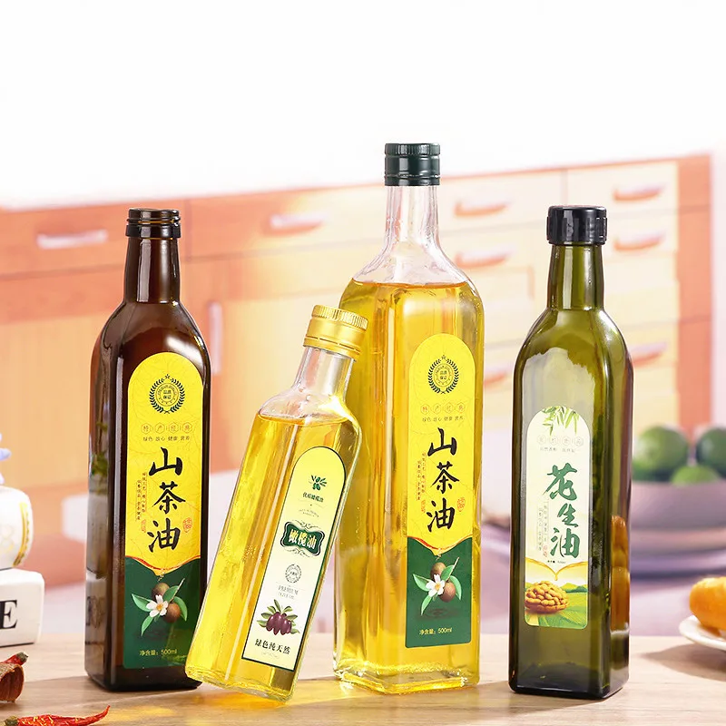 

square cooking oil bottles amber green clear glass olive oil bottle with screw cap 100/250/500/750/1000ml