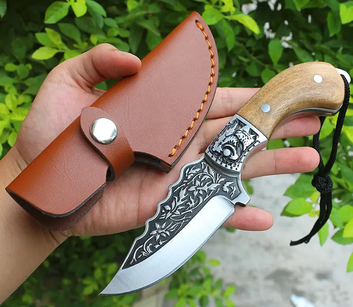 

Wood +Steel Handle Straight Knife Freewolf D2 Kitchen Knives 59HRC Tactical Hand Tools with Cowhide sheath 10808