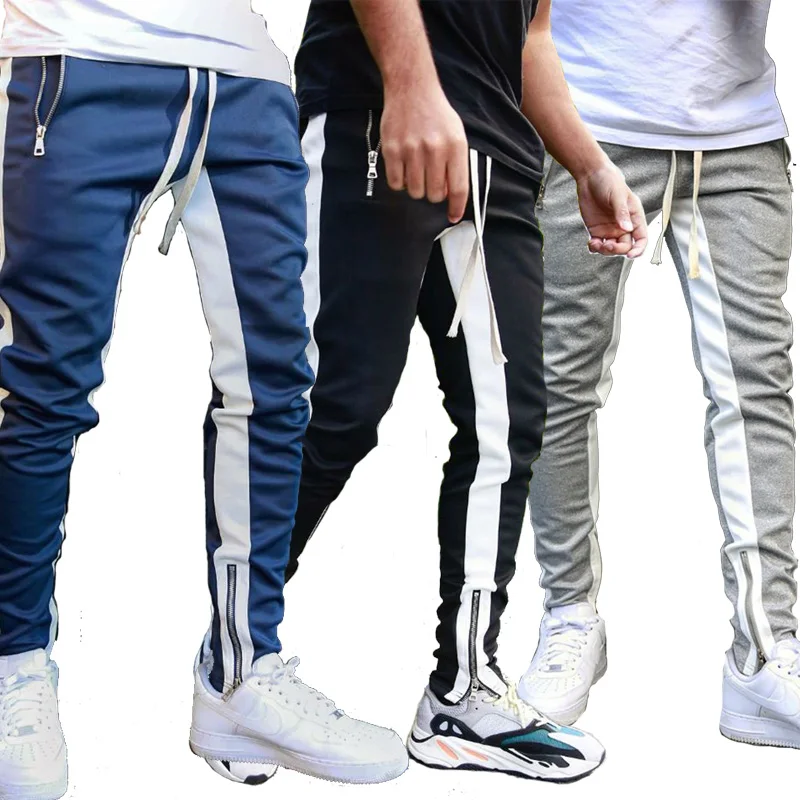 

Men Joggers Pants Zipper Pockets Casual Men's Trouser Cotton Jogging Sweatpants, As picture
